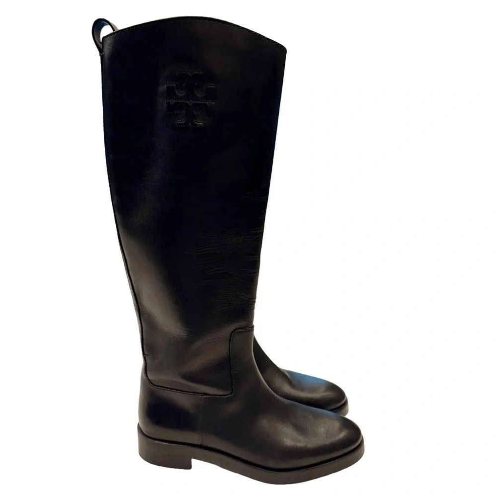Tory Burch Women’s The Riding Boot Size 8 Black Leather Embossed Logo NEW